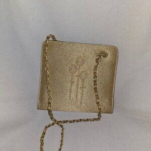Beautiful Gold Bueno Purse with three beaded and embroidered flowers